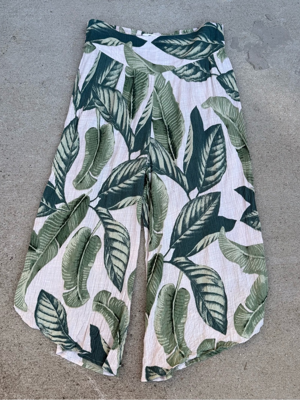 Rip Curl Palm Leaf Wide Leg Pants High Waist Smocked Back Green Cream Size M